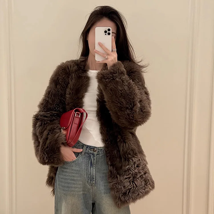 UMI MAO 本物の毛皮のジャケット 韓国製 ハーフロールド トスカーナファー ワンピース ファーコート レディース 新しいスタイル 女性用