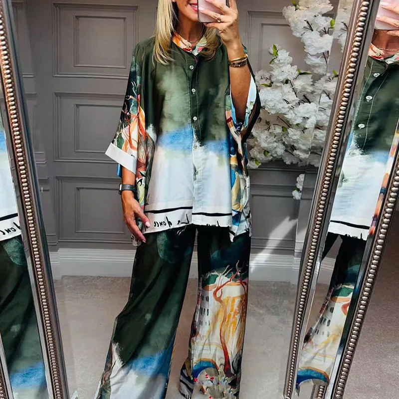 

Повседневный осенний костюм с узором и принтом, винтажные свободные комплекты из двух предметов для отпуска, женская модная рубашка с круглым вырезом на пуговицах и брюки, наряды
