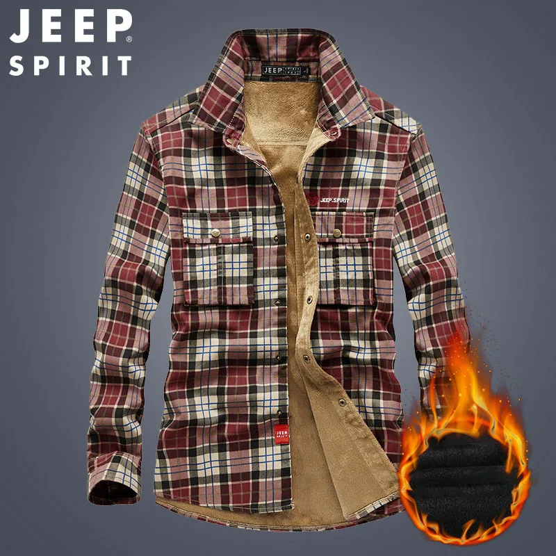 JEEP SPIRIT men fleece thickened long-sleeved shirt autumn winter fashion urban lapel cardigan slim fit warm casual plaid top