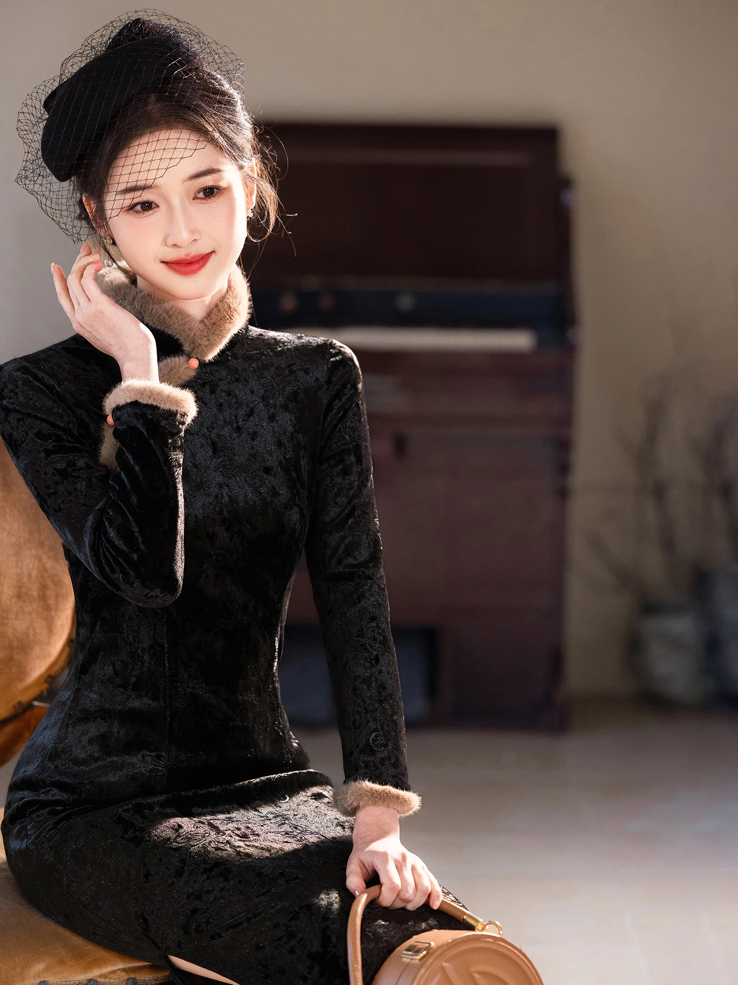 

Bla Young Sle Fce Lined Thiened Long Sve Daily Wear for Women Vintage Sle High Slit Long Qipao Dr