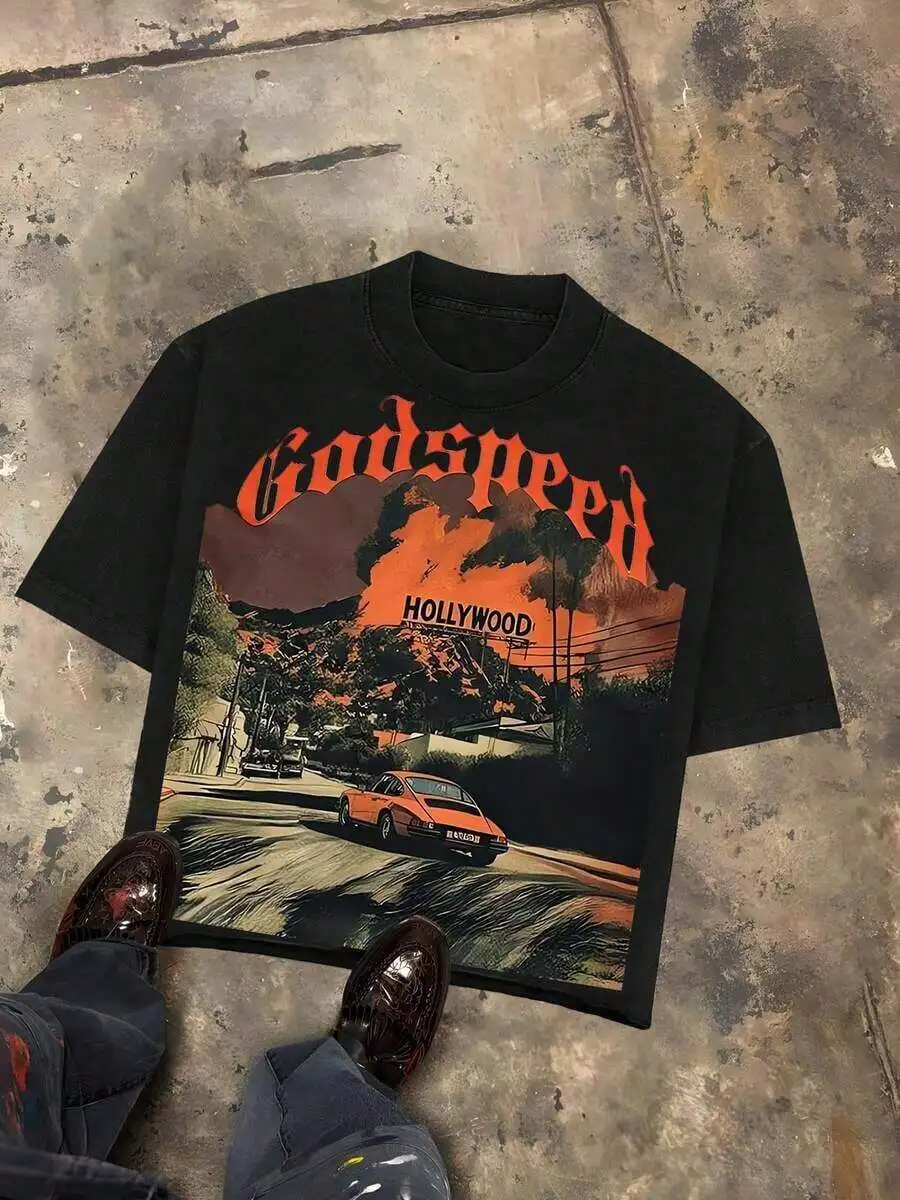 Y2K Tops, Godspeed Holly Wood Hills Orange Sunset Distressed Oversized Graphic Tee, Retro, Streetwear, Vintage, Drive Aesthetic,