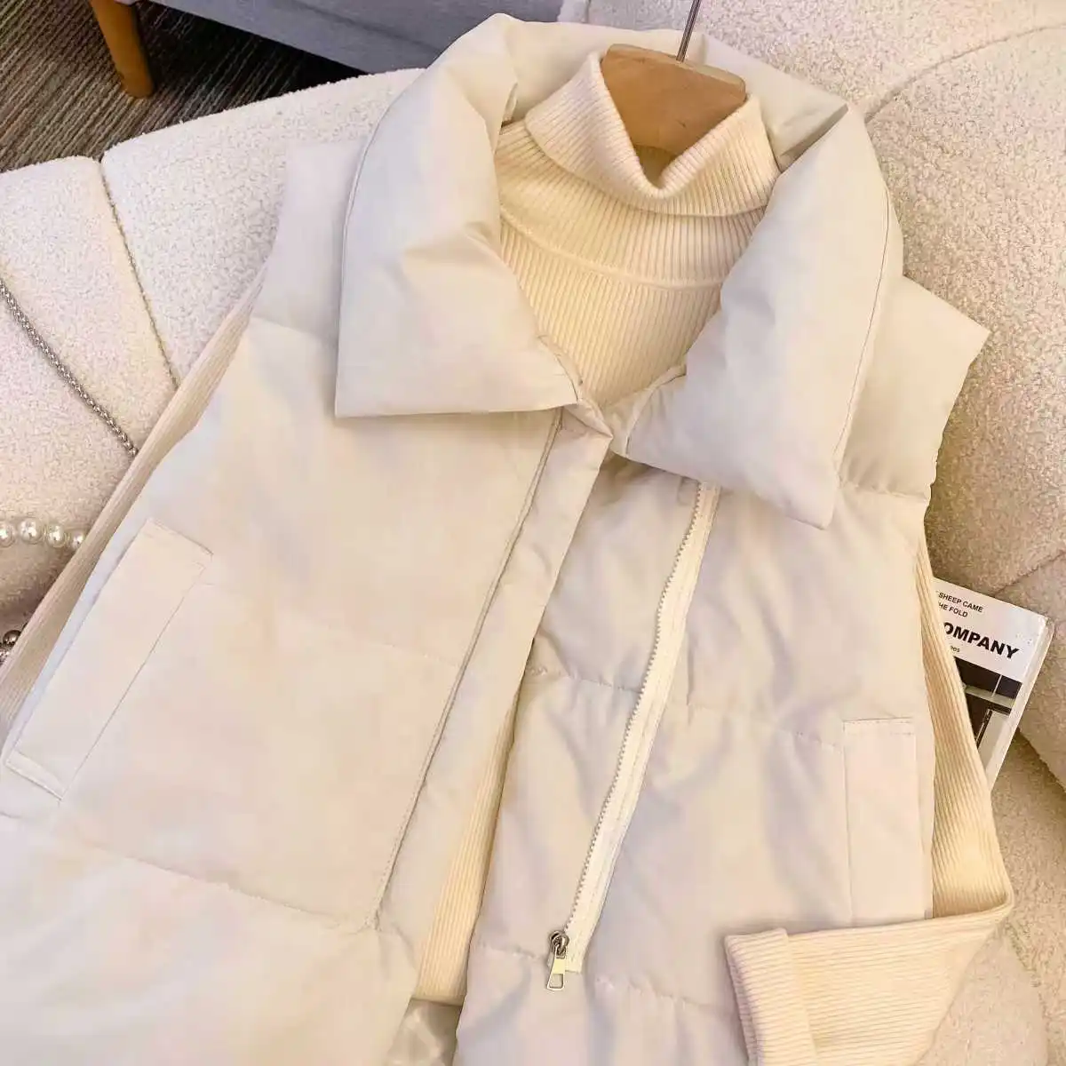 Übergroße Baumwollweste mit Reißverschluss, lockere Damenweste für Herbst und Winter, lässige Weste, ärmellose Kleidung, einfarbige Basic-Jacke, Oberteil – Detail 16