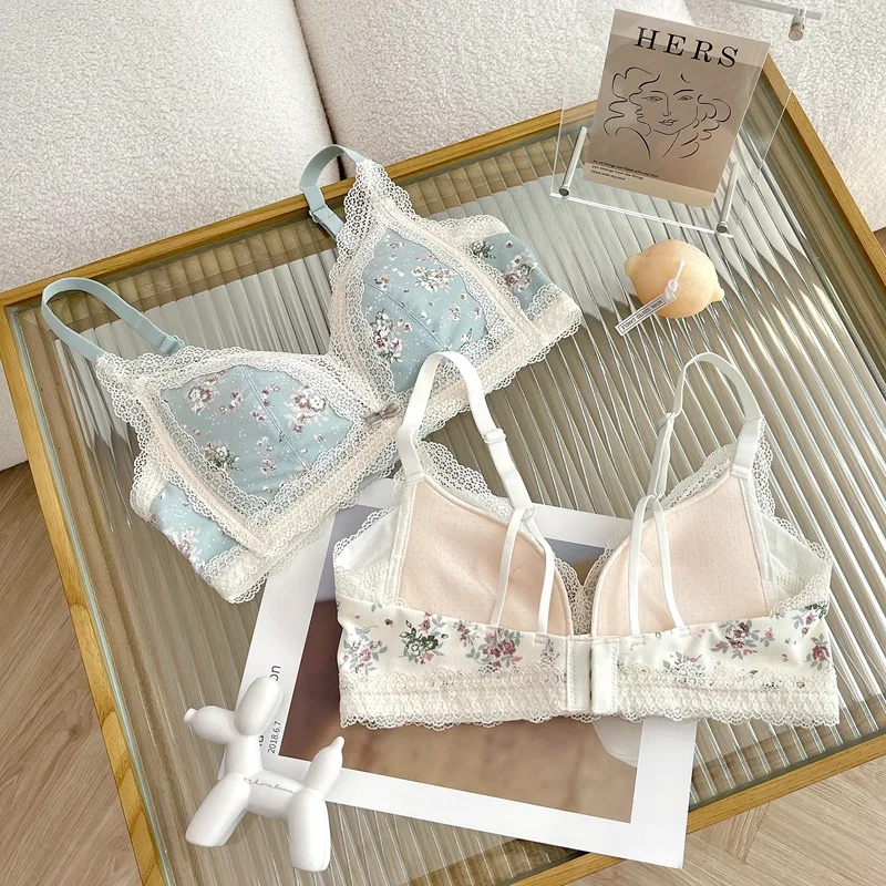 French retro floral underwear comfortable no steel ring anti-sagging pure desire lace bra