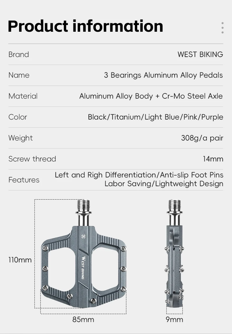 WEST BIKING Leichtgewichtige Fahrradpedale CNC Aluminiumlegierung Versiegelte 3-Lager Fahrradpedale Rutschfeste Flache Pedale Fahrradteile – Detail 3