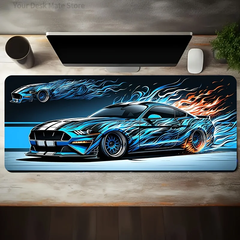 Large Esports Gaming Mouse Pad with Cool Blue Car Dual-Flame Graphic, Non-Slip Washable Rubber Base