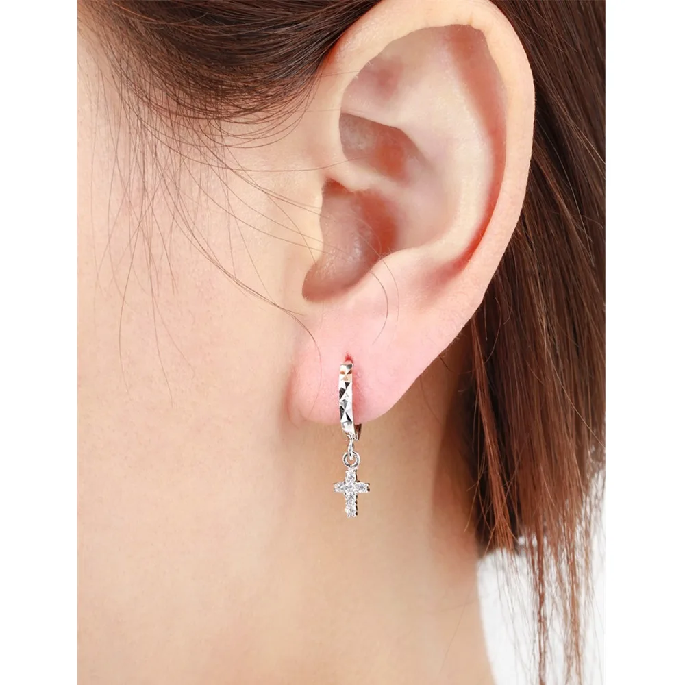 Real 925 Sterling Silver CZ Cross Charm Drop Small Circle Huggies Hoop Earrings Cute Jewelry For Women Girls Gift