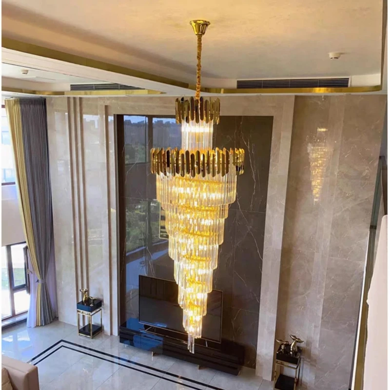 

Золотые спиральные лестницы, хрустальные люстры, освещение, роскошный светодиодный подвесной светильник, светильник с высокими потолками для виллы, вестибюля отеля, лестница