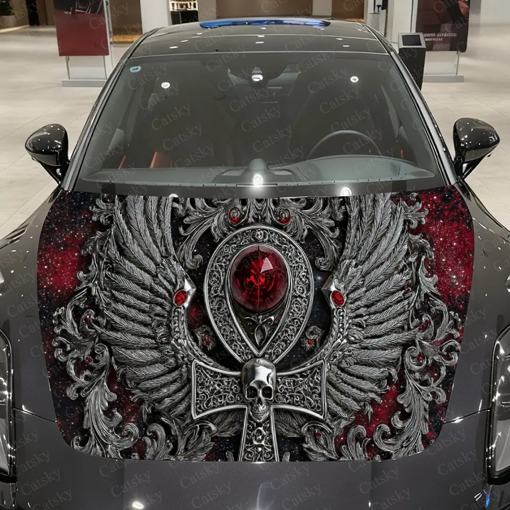 

Winged Skull Cross Car Vinyl Wrap, PVC Waterproof Car Hood Sticker, Self-Adhesive Scratch-Resistant Stickers for Engine Cover
