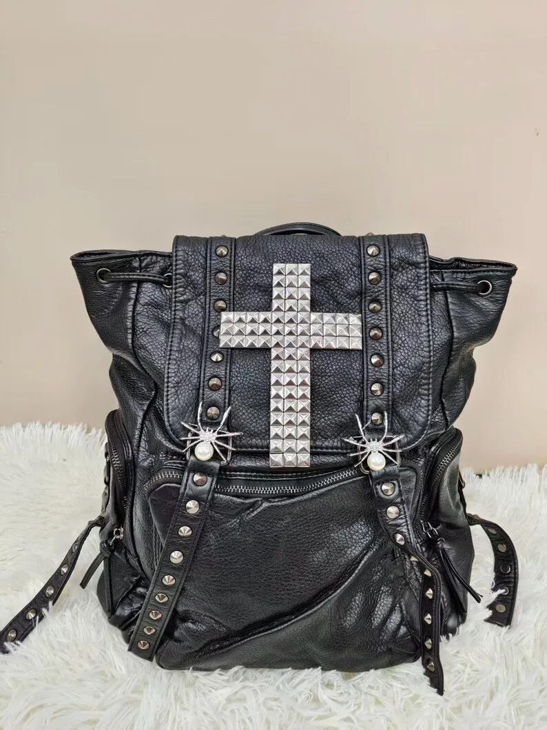 Punk Studded Black Leather Drawstring Backpack Y2K Gothic Spider Cross Rivet Decor School Bag Large Capacity Backpack