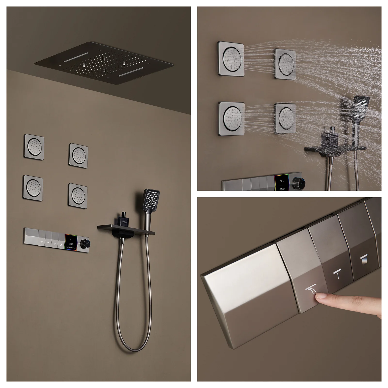 Gun-gray Brushed Concealed Thermostatic Digital Display Modern Minimalist All-Copper In-Wall Hidden Bathroom Shower Set Jet Soft