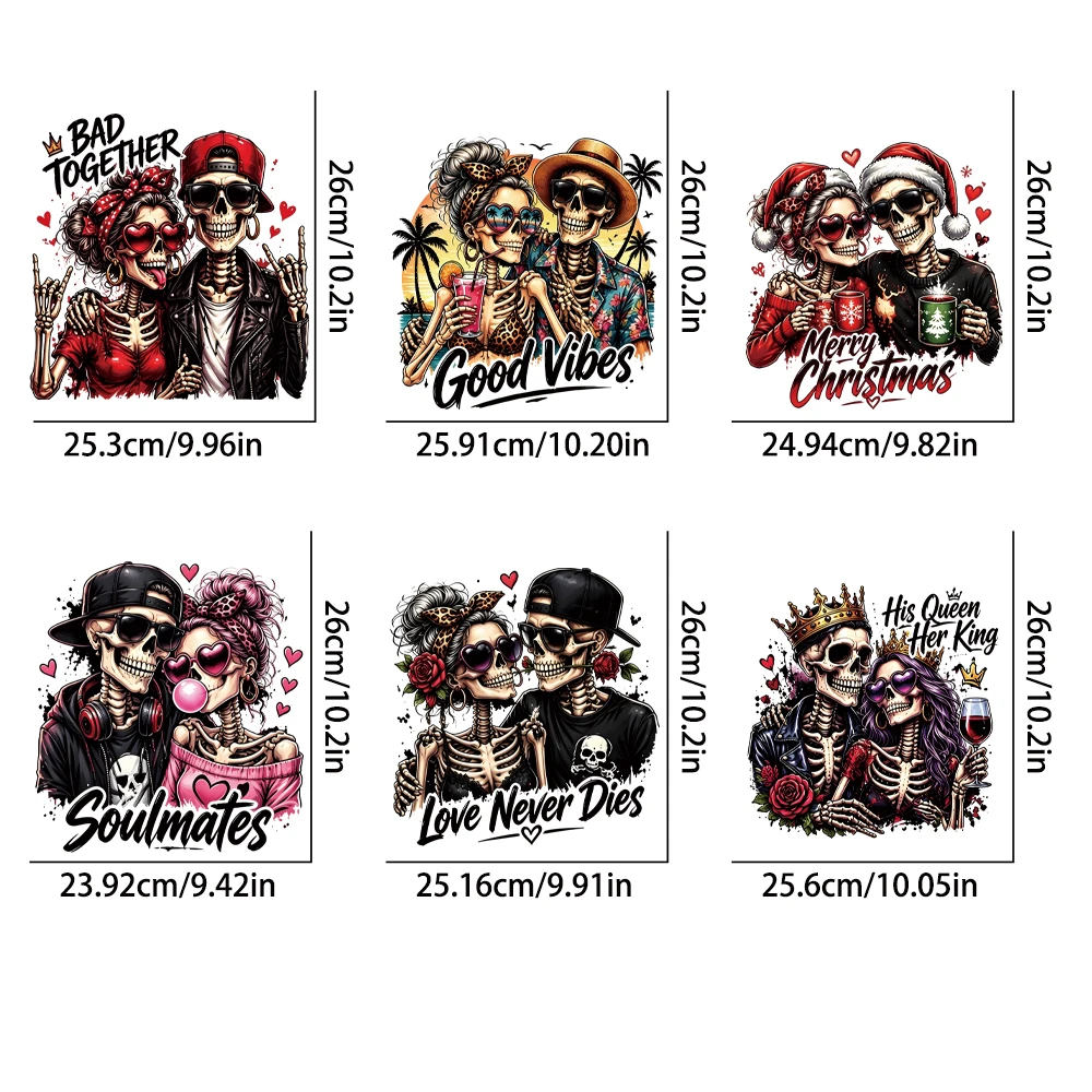6-Piece dark romantic Christmas double skeleton heat transfer vinyl sticker Soulmates theme, flat fit fabric without wrinkling