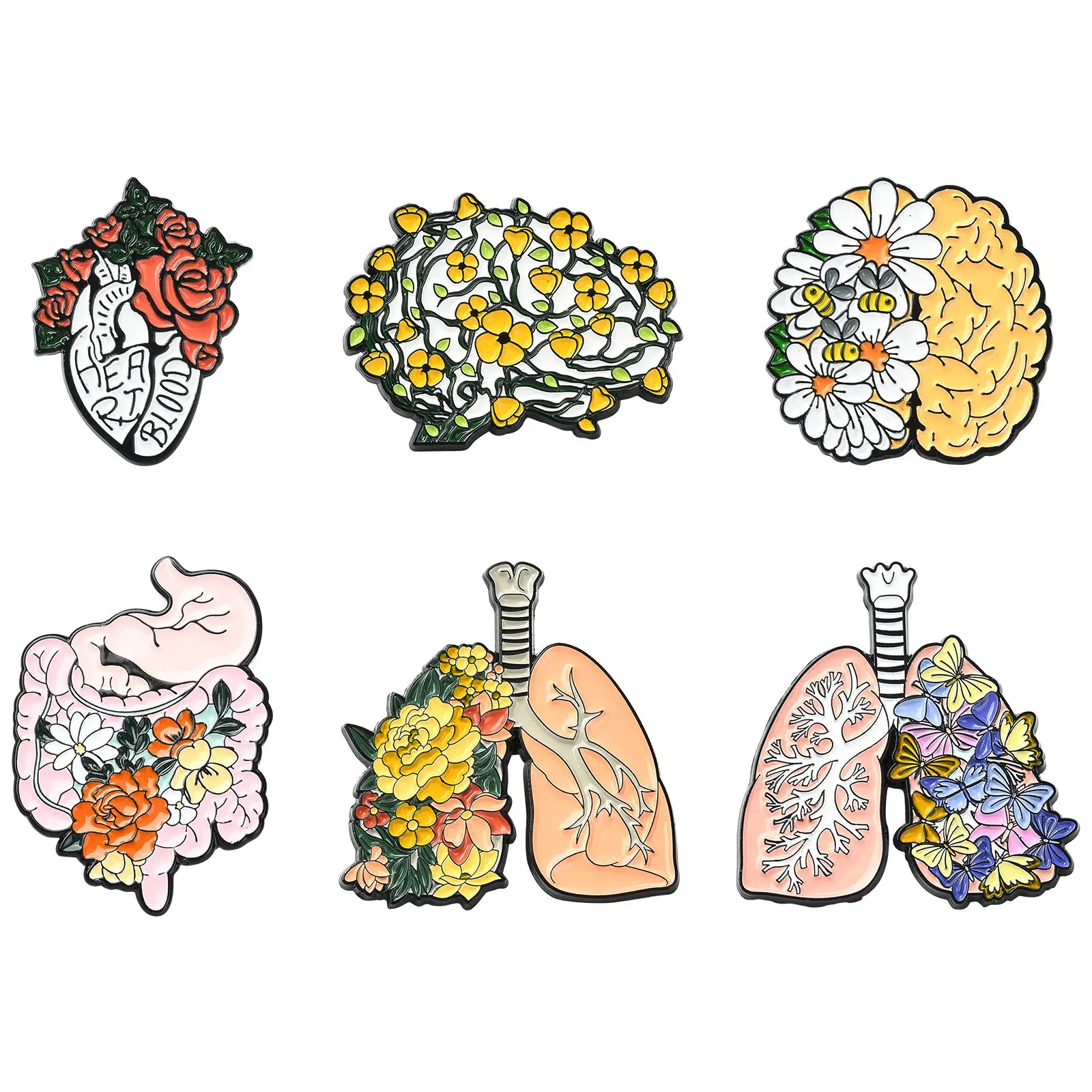 Pandahall 6Pcs Floral Organ Enamel Pins Set Creative Human Organs Enamel Brooch Pins for Clothes Backpacks Hats Decor