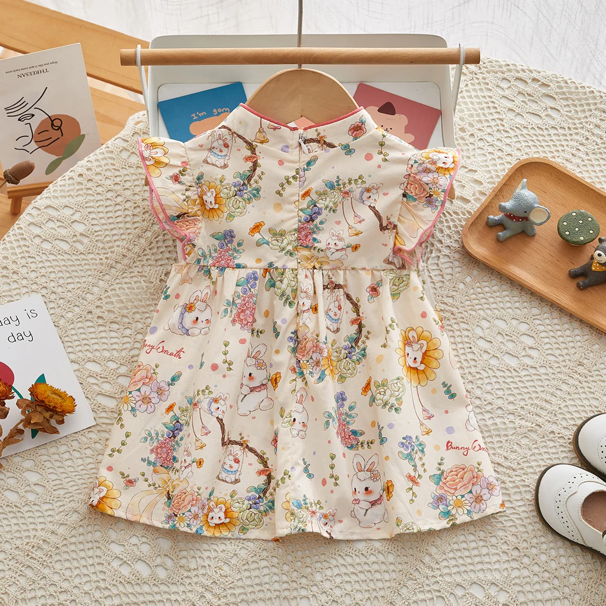 Summer Baby Girl Chinese Dress Sweet Flower Little Rabbit Printed Flying Sleeves Princess Dress Suitable for 0-4 Years Old