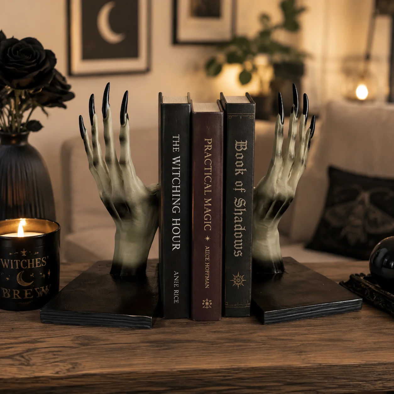 Pair Witch Hand Resin Bookends Gothic Desktop Book Holder Shelf Halloween Decor Mantel Table Office Spooky Prop
