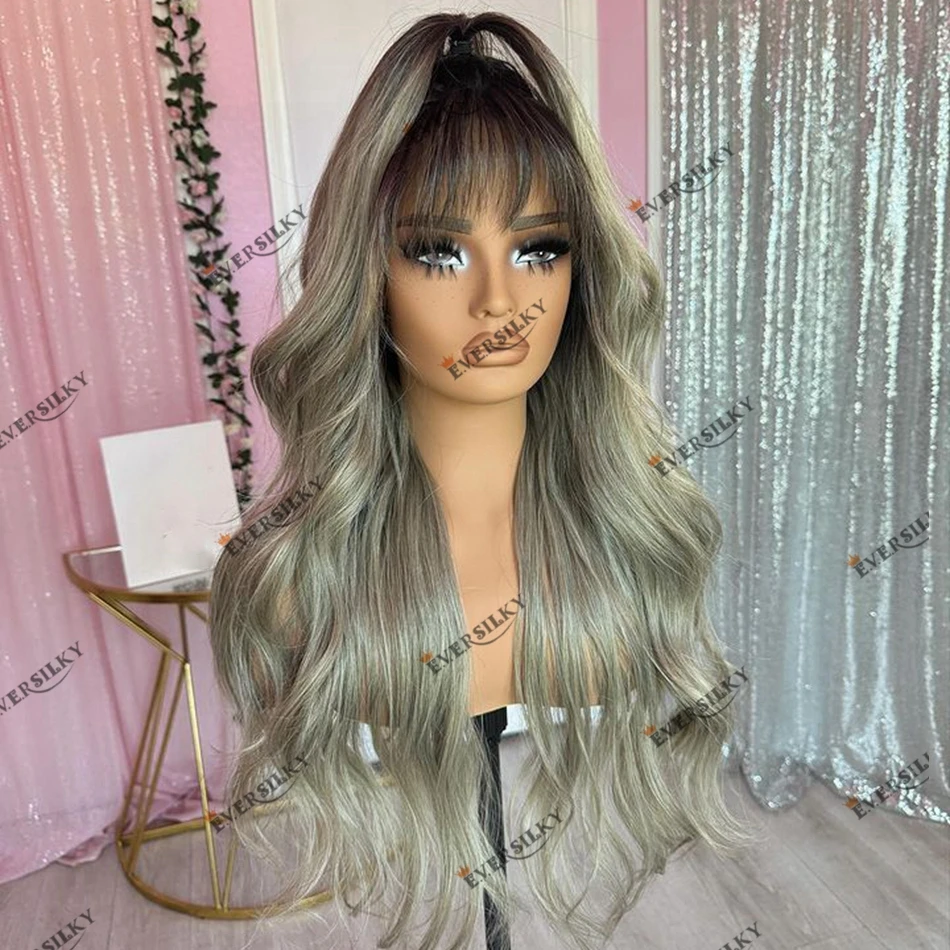 

100% Human Hair Ash Blonde Ombre 13X6 Transaprent Lace Wigs for Black Women with Bangs Body Wave Soft Brazilian Remy Hair Wig