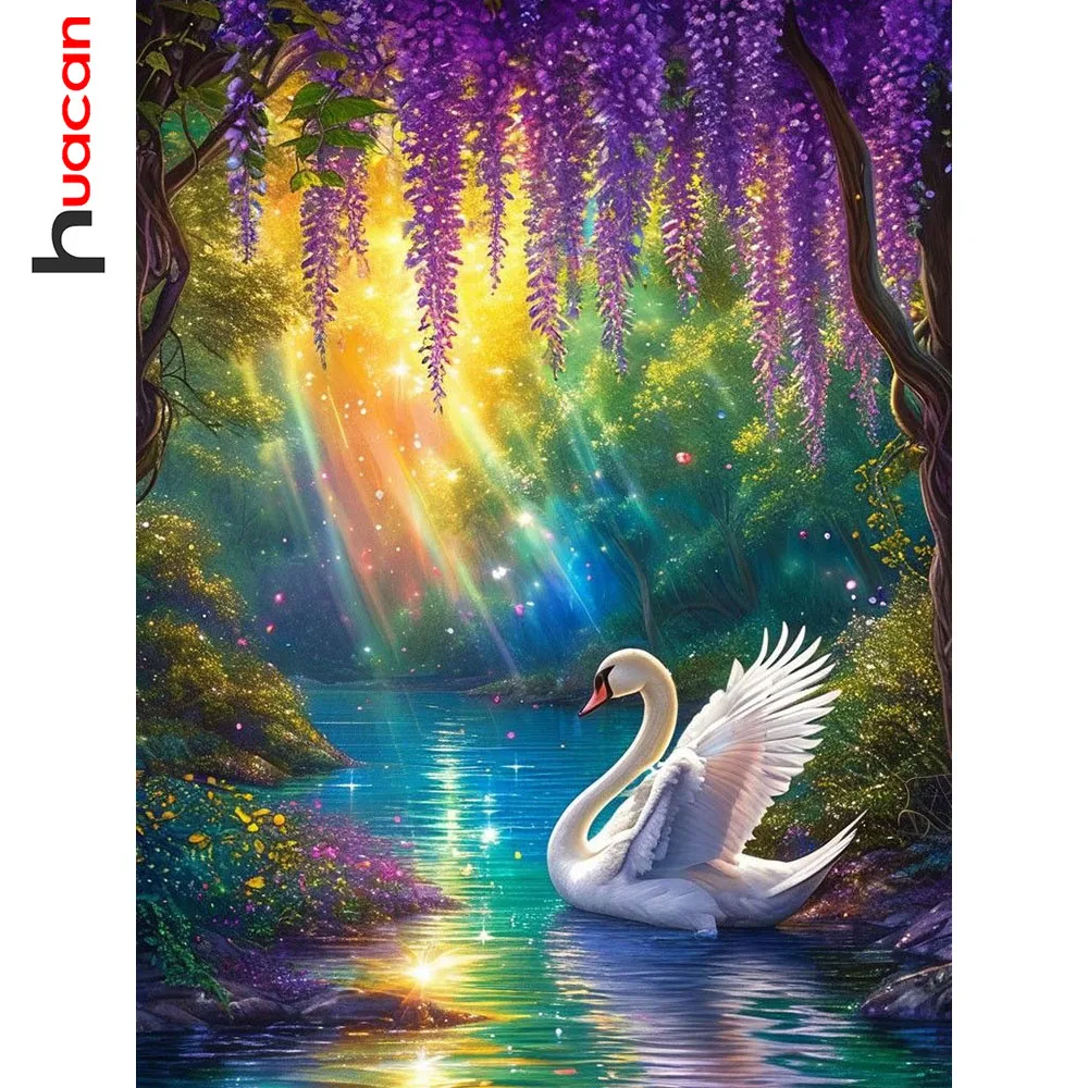 

Huacan Full Diamond Painting Sunset Swan Lake Diamond Mosaic Landscape New 2026 Rhinestone Pictures