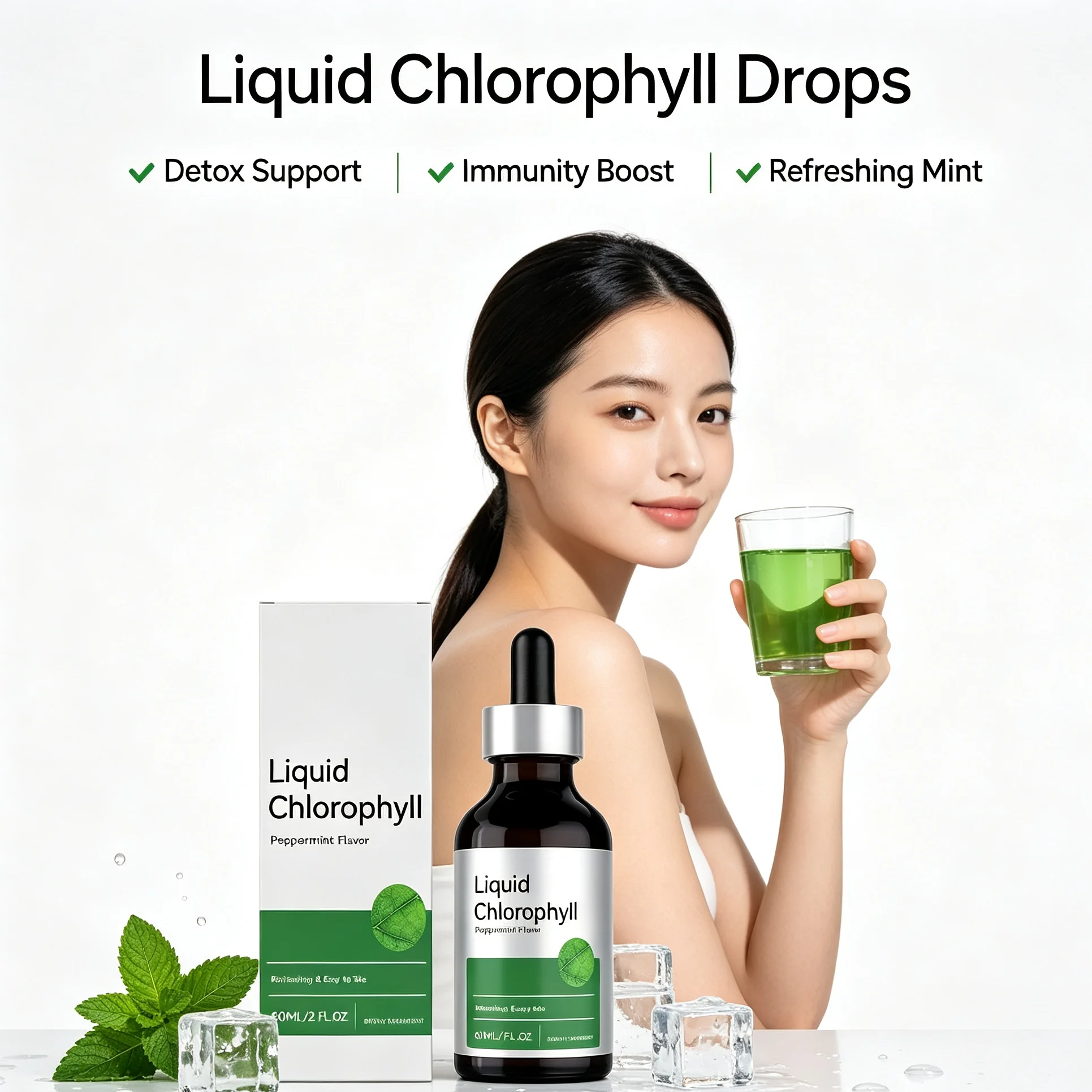 Liquid Chlorophyll Drops Peppermint Flavor Vegan Internal Deodorant Detox Immune Support Natural Plant Supplement