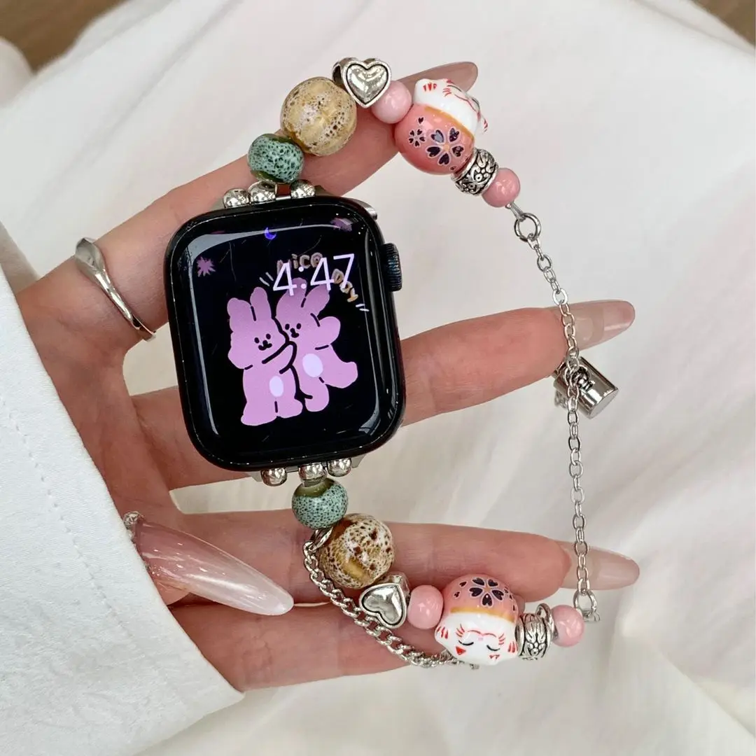 Bohemian bead bracelet compatible with iWatch strap 38mm 40mm 41mm 42mm 44mm 45mm 49mm for women, fashionable handmade elastic s