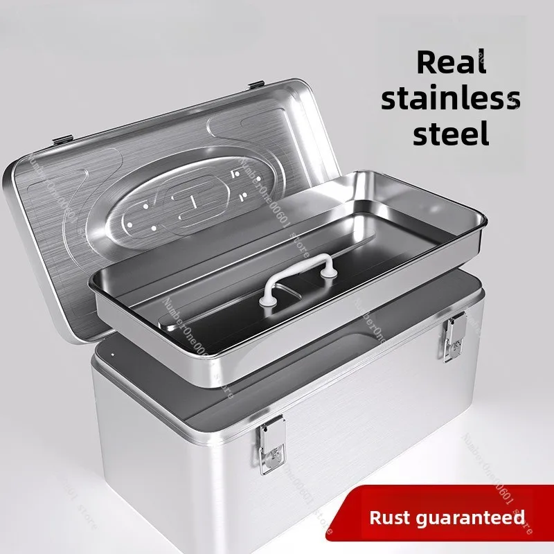 Stainless Steel Double Layer Toolbox Metal Storage Case Thickened Handheld Tool Box