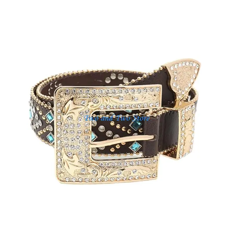 HX6F Mode Ruit Klinknagel Riem voor Meisje Gesp Riem Tailleband PU Lederen Riem Kralen Trim Vrouwen Esthetische Riem