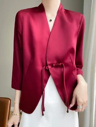 Spring/Summer New Silk Smooth Satin Chinese Style Retro High Grade 10/7 Split Sleeve Suit Coat Temperament Women's Top