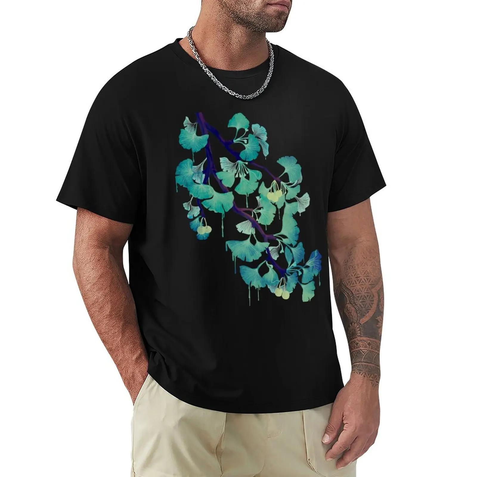 O Ginkgo (on Black) T-Shirt Basic Lightweight Short Sleeve Tee