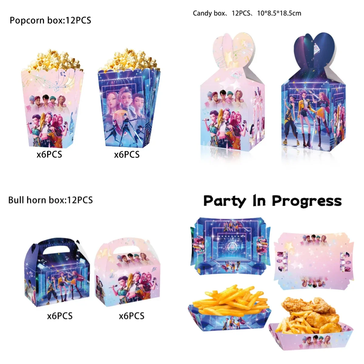 KPop Demon Hunters-suministros para fiestas temáticas, cajas para patatas fritas, caja de embalaje de alimentos para fiesta de cumpleaños, aperitivos y dulces, bandeja de palomitas de maíz