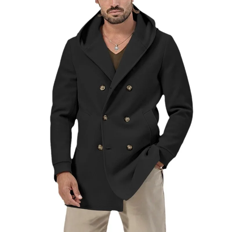 

Spring Autumn New Fashion Men's Solid Color Double-breasted Long Sleeve Hooded Casual Trendy Windbreakers Male Coat Clothes Tops