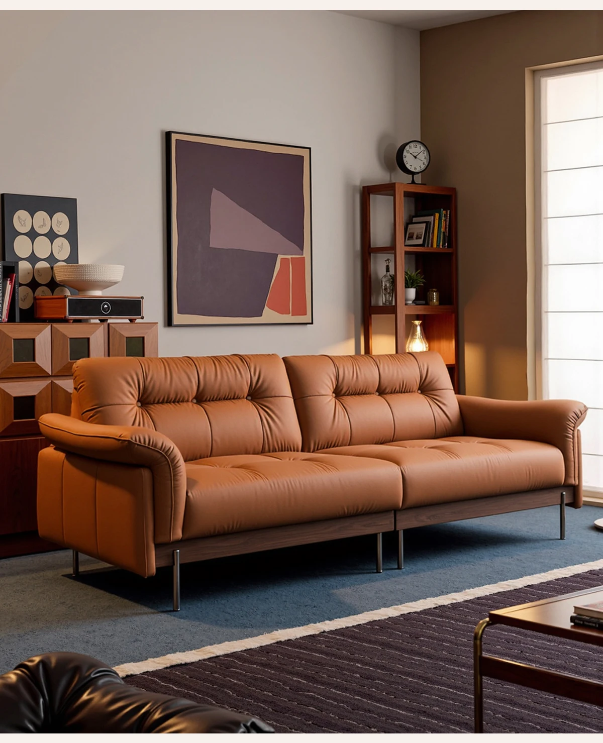 LTT French retro leather Bauhaus straight row light luxury living room high back sofa