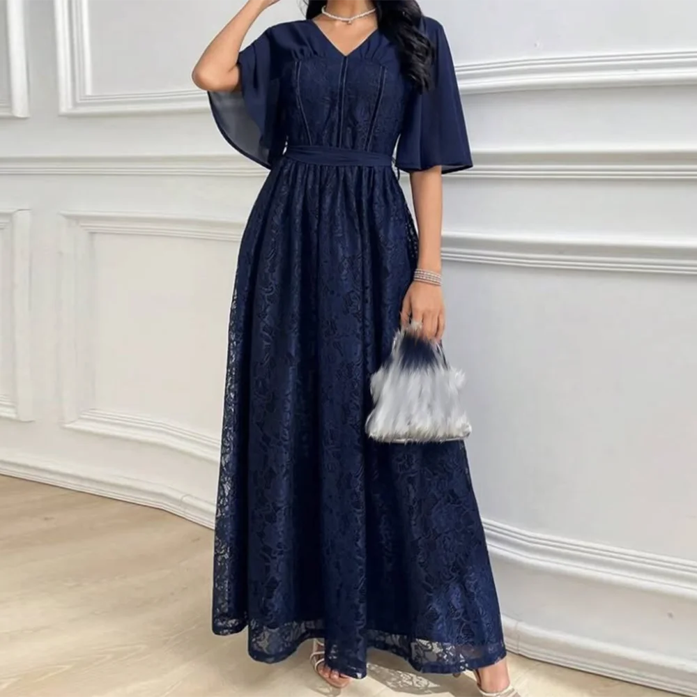 تخصيص ألف خط فساتين لحضور الحفلات الموسيقية الكاحل طول الخامس الرقبة نصف كم ثوب مسائي بسيط أزياء من الدانتل ثنيات عارية الذراعين حزب ثوب