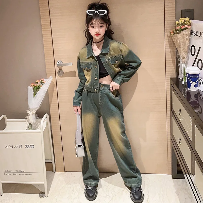 

American retro Girls Denim clothes set Gradient color Jean jacket+denim wide leg pants 2pcs 4-15 kids suit children outfits