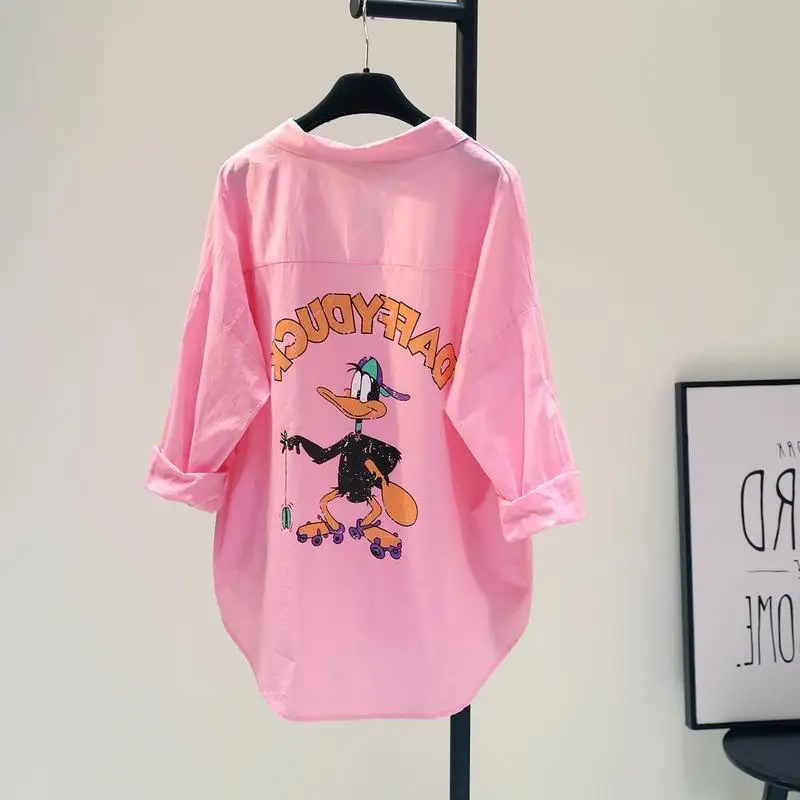 

Новая летняя женская свободная блузка оверсайз с мультяшным принтом на спине, средней длины, в корейском стиле, повседневный топ для защиты от солнца