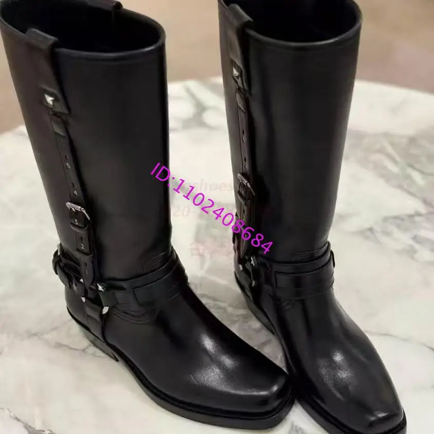 Design Women Black Leather Western High Boots Knight Boots Chunky Low Heel Knee Long Knight Boots