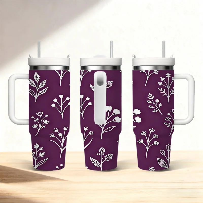 Stainless Steel Insulated Tumbler, Seamless White Floral Leaf Pattern, 40oz Water Cup with Deep Purple Background Digital Print, Delicate Hand-Drawn Style Drink Container, for Daily Use & Outdoor Activities