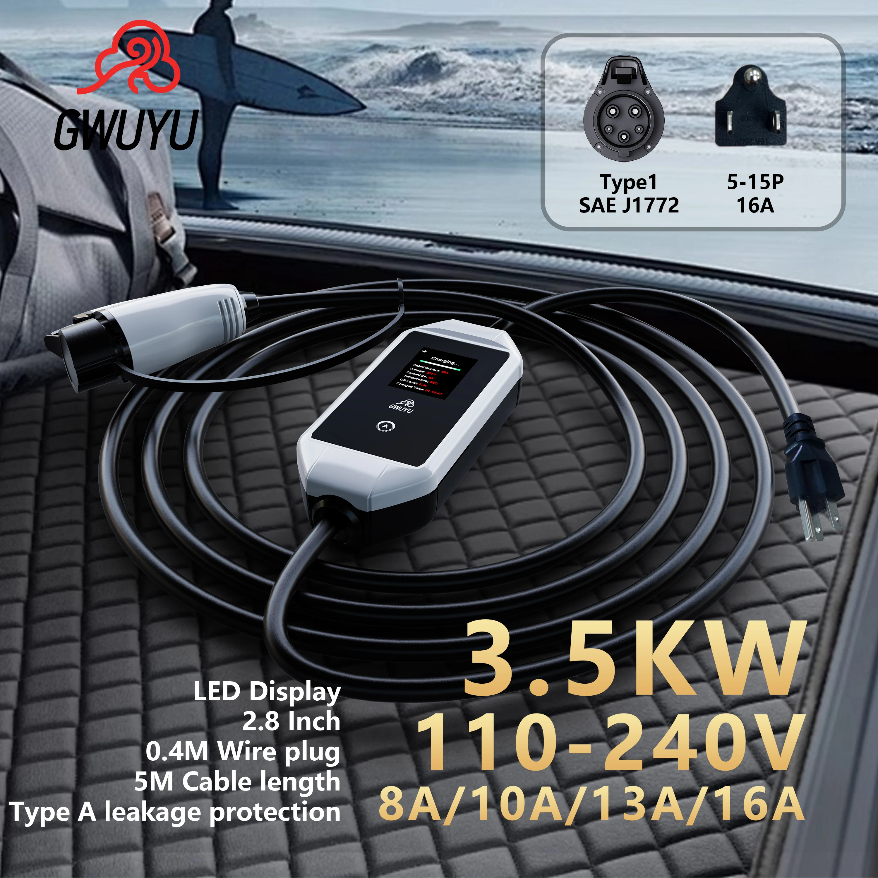 GWUYU M64-1 EVSE Car Portable Chargers 7.6KW 32A 240V Type 1 Sae J1772 Current Adjustable 5M Charging Cable Controller Wall Box