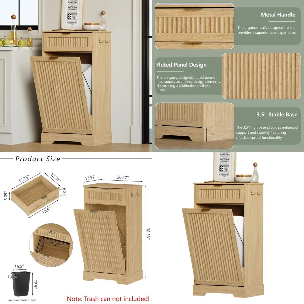 

Natural Oak Wooden Hidden Trash Cabinet with Drawers and Hooks for Kitchen or Living Room, 13 Gallon Capacity