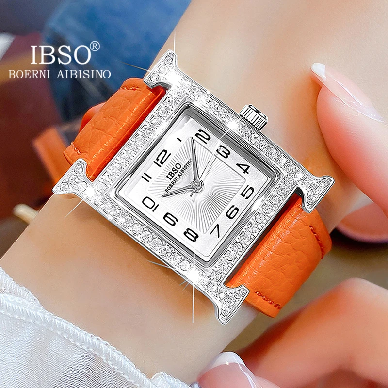 IBSO 2023 New Luxury Women Rectangle Watches Japanese Quartz Movement Ultra-Thin 3ATM Waterproof Full Diamond Genuine Leather