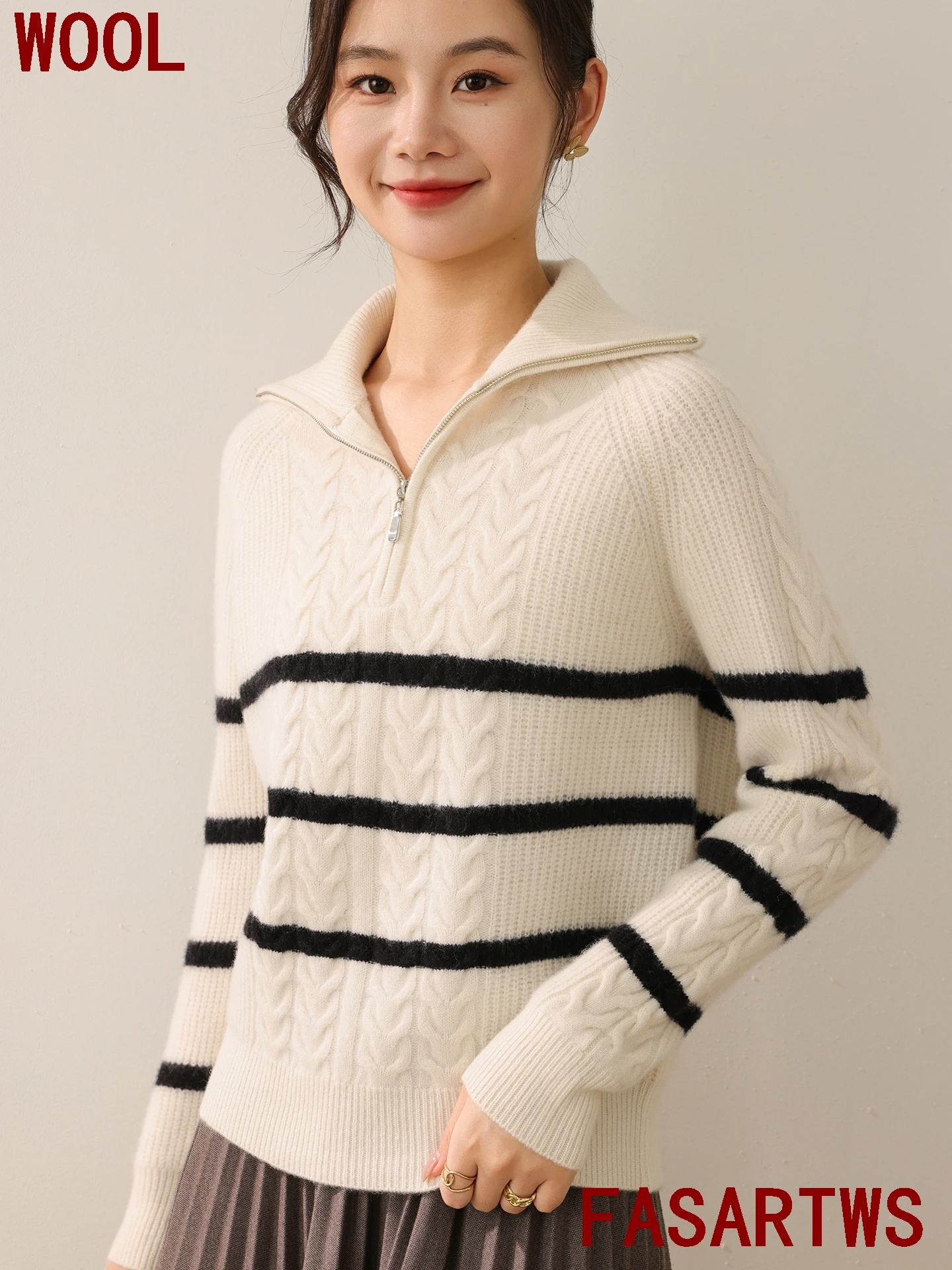 

Half Zip Pullover Sweater 100% Australian Wool Sweater Autumn Winter Thick Warm Knitwear Women Clothes Twisted Flower FashionNew