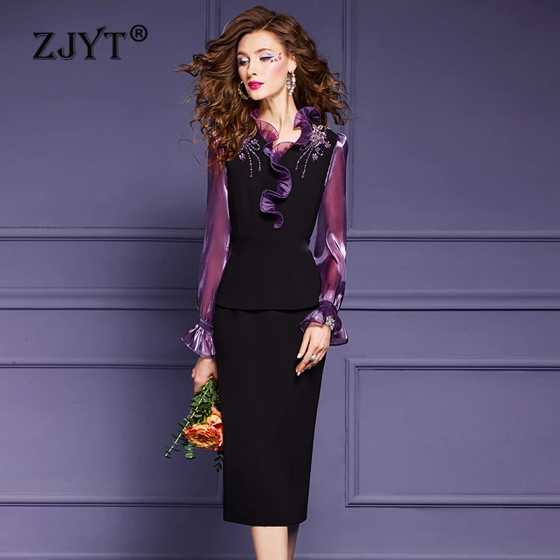 

ZJYT Women's Ruffles Patchwork Beading Pencil Dresses Office Lady Elegant Long Sleeve Party Formal Dress Black Plus Size Spring