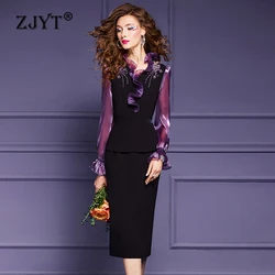 ZJYT Women's Ruffles Patchwork Beading Pencil Dresses Office Lady Elegant Long Sleeve Party Formal Dress Black Plus Size Spring