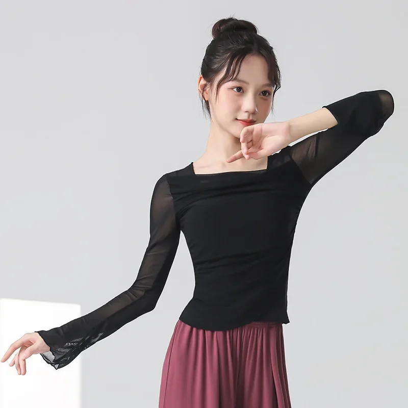 Women Classical Dance Costume Long-sleeve Yarn Top Adult Chinese Modern Hanfu Dance Training Clothes Female Dancewear