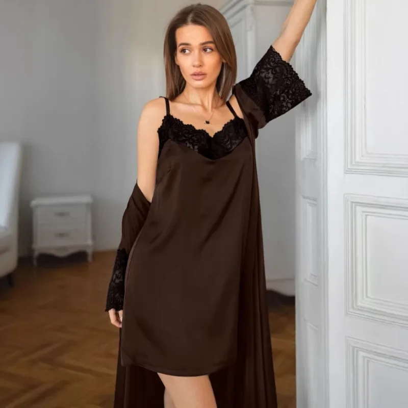 

2026 New European American Spring Summer Lace Sexy Suspender Nightdress Long Sleeved Two Piece Pajamas Loungewear Set L Size