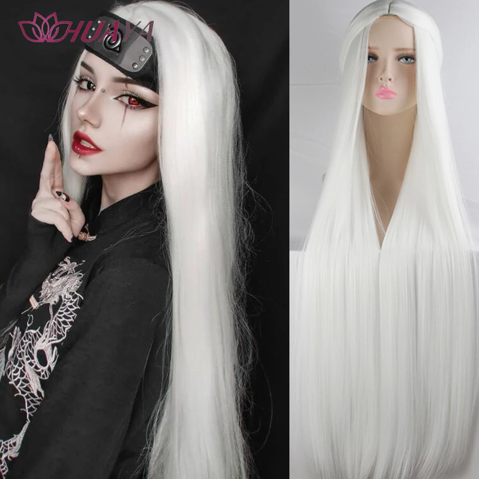 100CM syntetyczna długa prosta peruka do cosplay kobieta Anime długie włosy srebrno-białe żaroodporne włosy syntetyczne dla kobiet peruki imprezowe