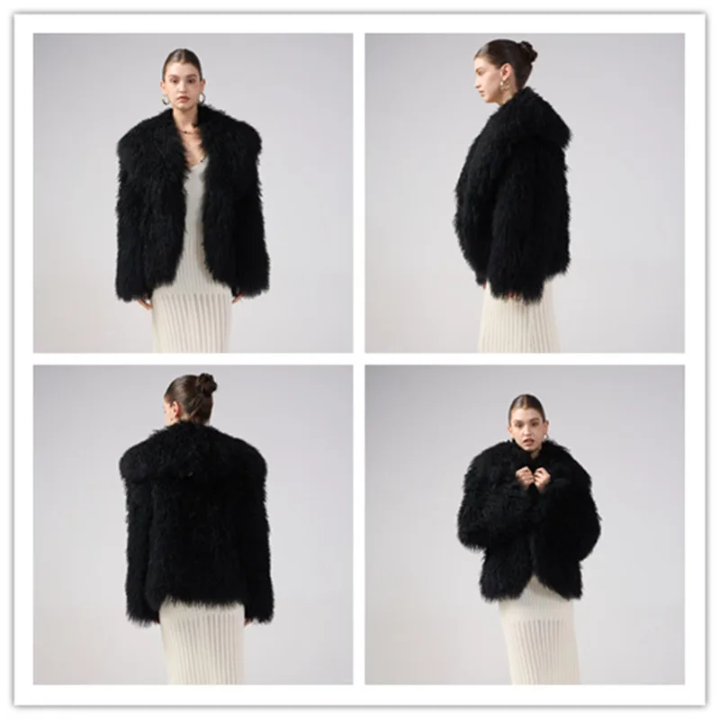 

Настоящая дубленка, монгольский мех ягненка, длина 60 см, женская куртка из натурального овечьего меха с лацканами, короткая меховая верхняя одежда