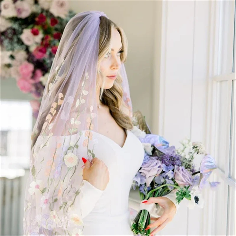 Lilac 3D Flowers Floral Wedding Bridal Veils With Comb Light Purple Floor Length For Brides Yellow Pink Colorful Unique Leaves