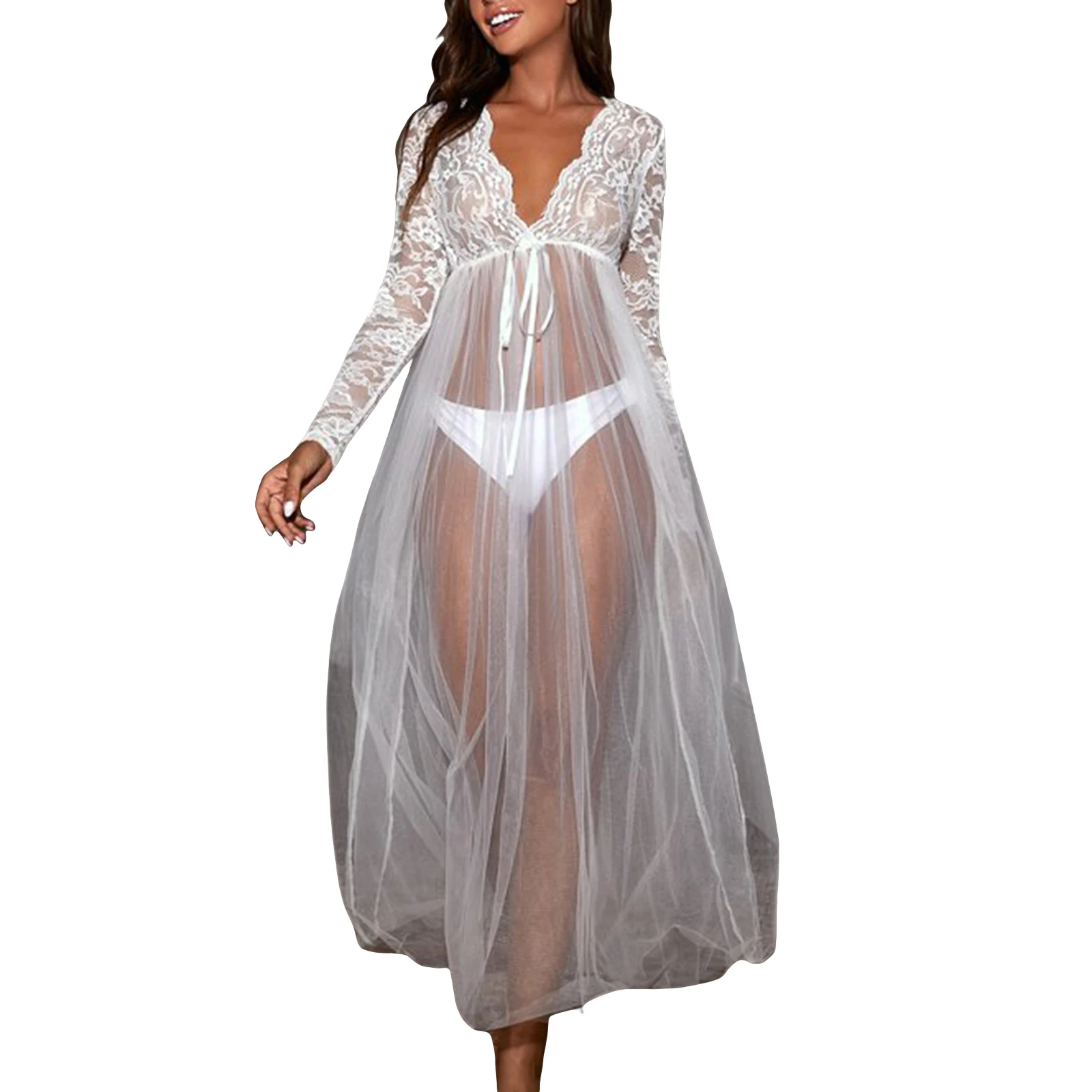 Women Sexy Lace Sheer V-Neck Lingerie Long Sleeve Long Dress Gown Morgenmantel Transparent Negligee Mesh Robe