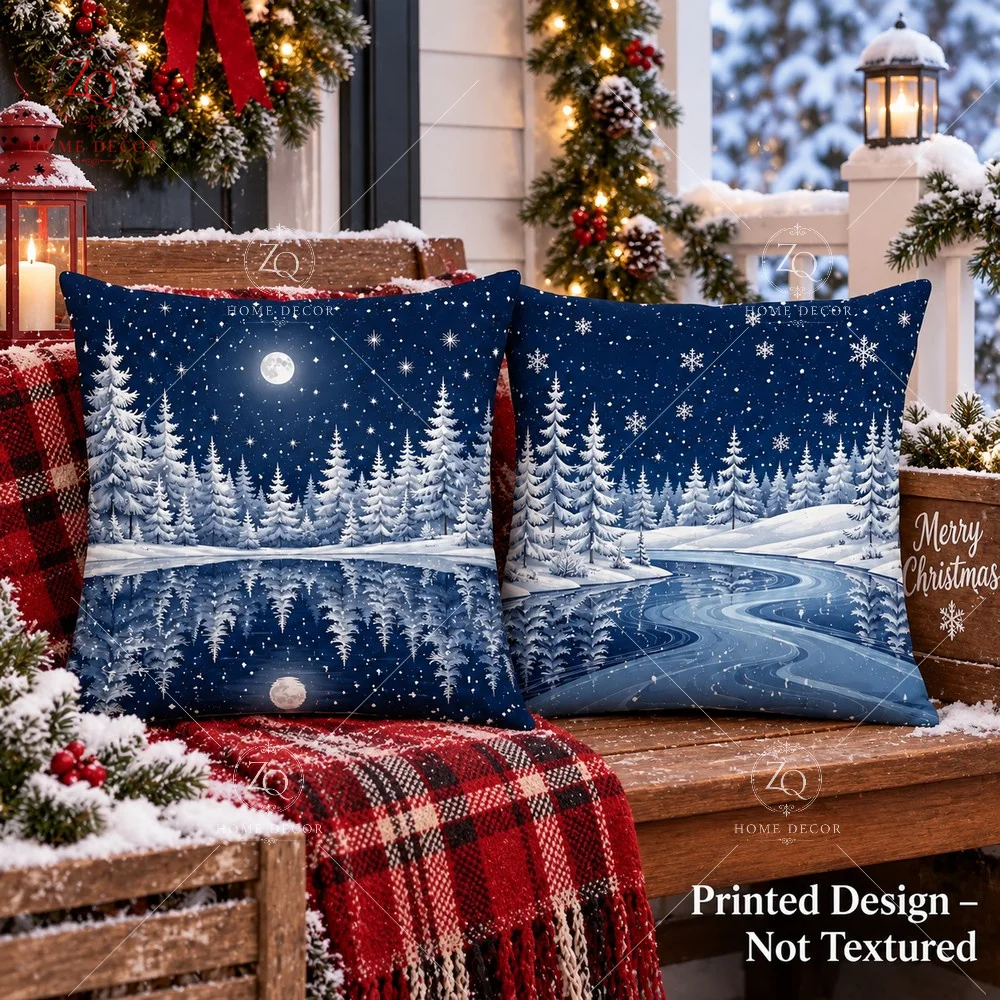 Winter Night River Cushion Cover Peach Skin 2D Flat Printed Xmas Pillowcase Snow Forest Moon Throw Pillow Cover Couch Sofa Bed