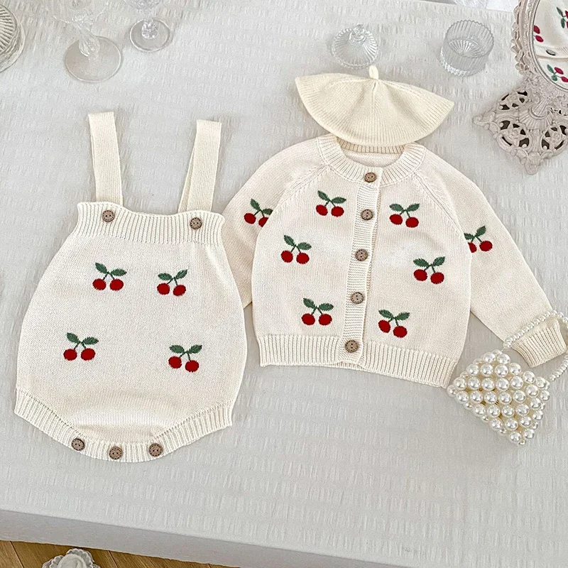 

2024 Autumn Toddler Baby Girl Knitting Clothes Suit Embroidered Cherry Knitted Cardigan+Jumpsuit Children Knitted Clothes Set