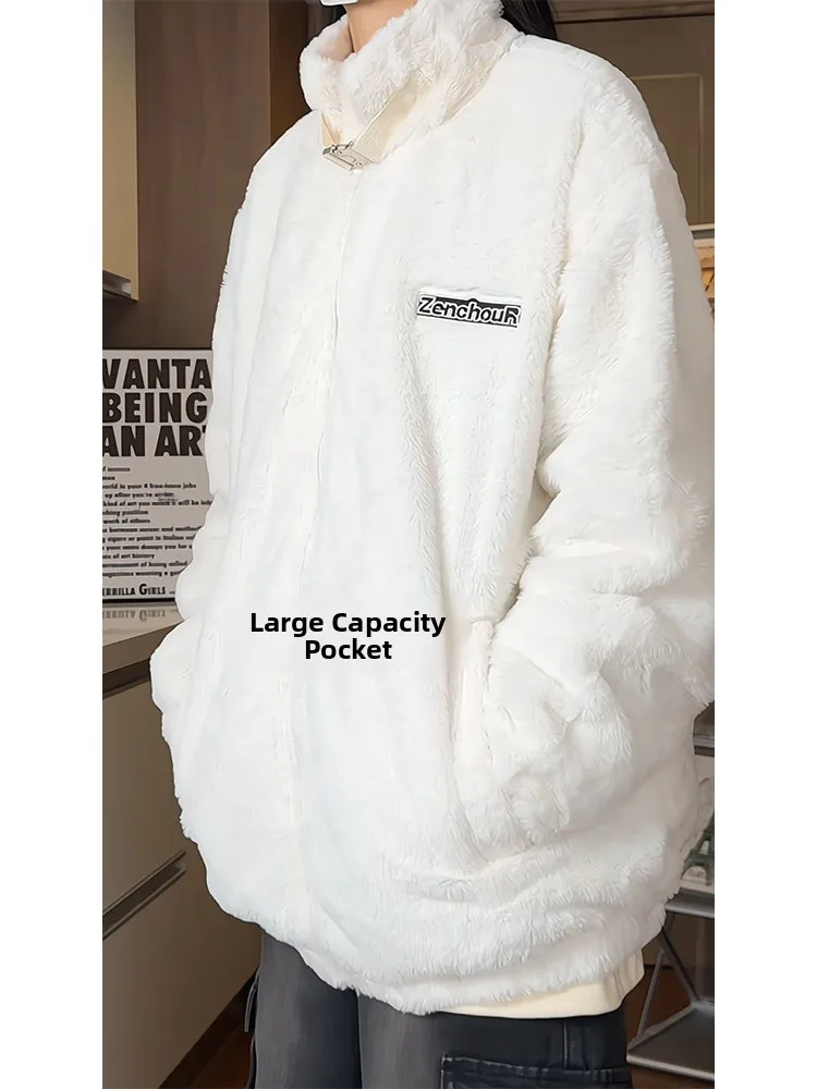 

American Casual Style Men's Winter Coat Warm Stand Collar Lamb Fur Jacket Thickened Polyester Fiber Short Length Pure Color