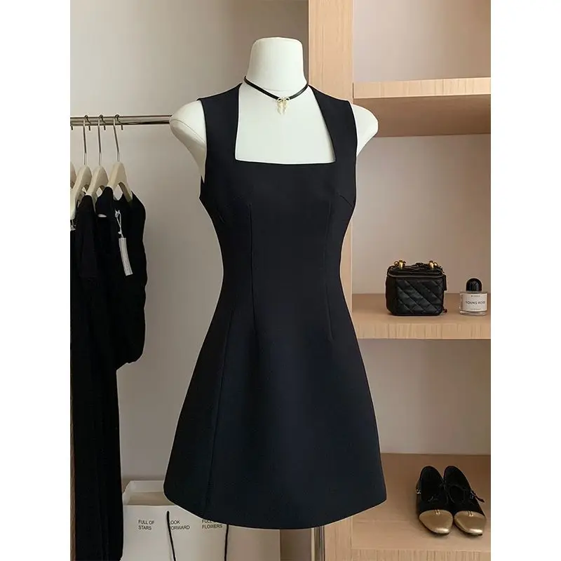 

French Square Collar A-line Camisole Dress Women Elegant Waisted Slimming Sleeveless Tank Dress Summer Herben Style Clothing